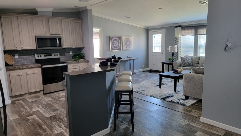 A kitchen with an island and raised snack bar. The kitchen is connected to the living room which has a coffee table and couches for lounging.  